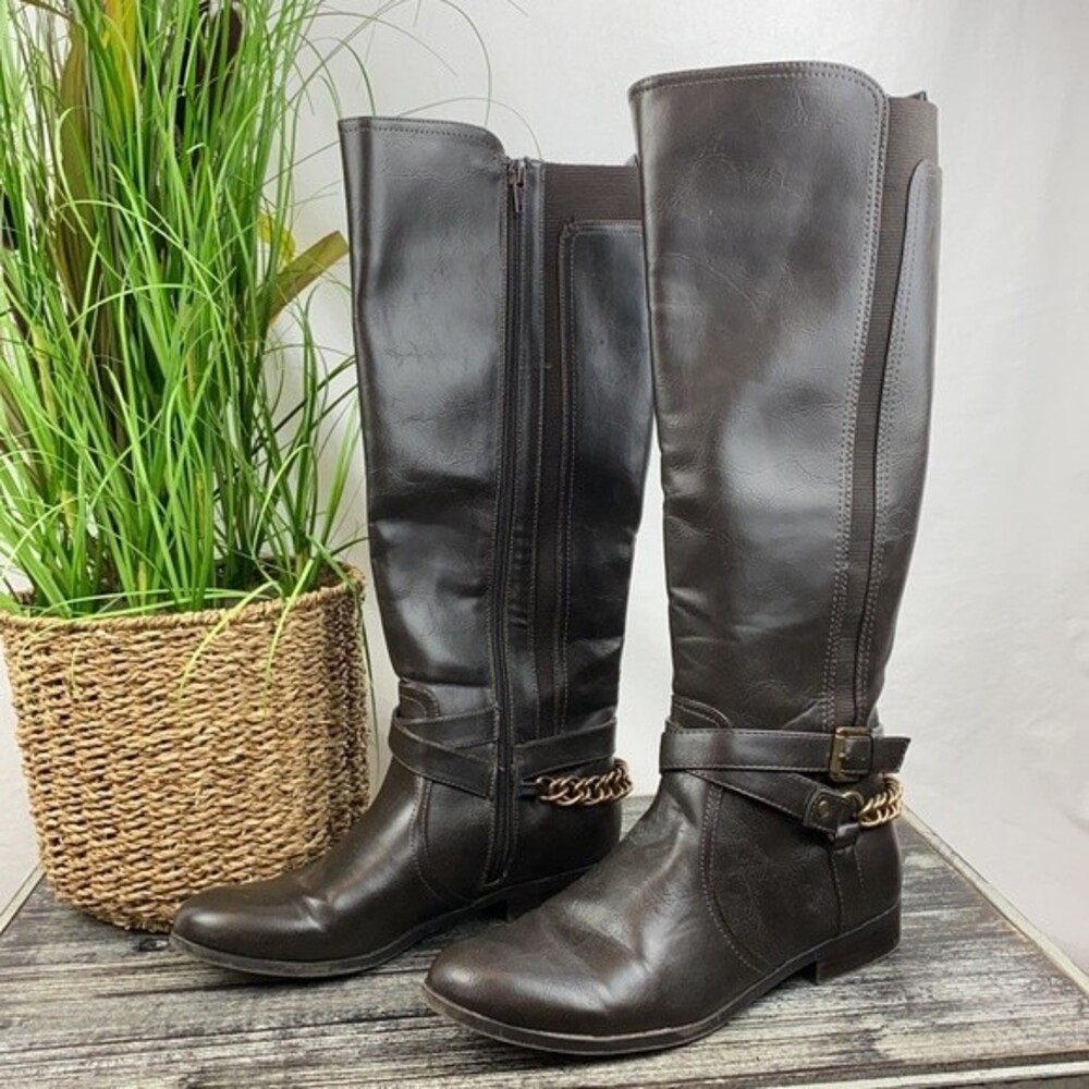 Unisa Brown Zip Up Knee Length Gold Chain Block Heel Faux Leather Boots 7.5
